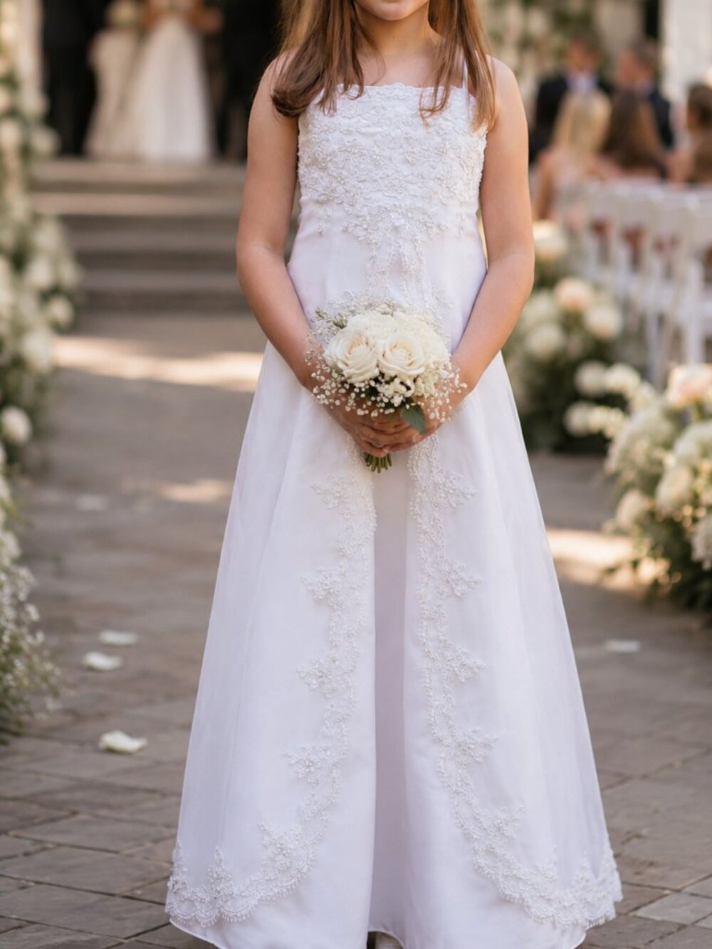 David’s Bridal White Flower Girl Dress – Size 10 – Beaded Lace Satin Gown
